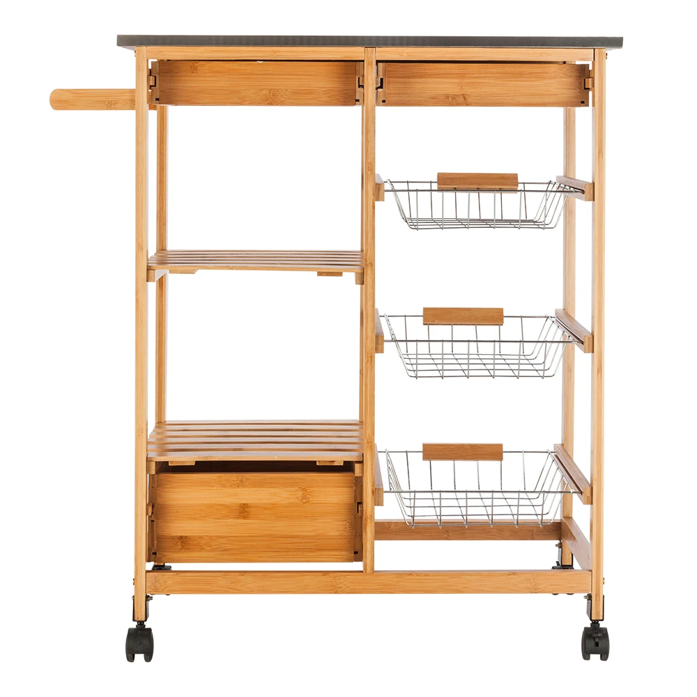  FCH Moveable Kitchen Cart with Stainless Steel Table Top & Three Drawers & Three Baskets Burlywood - 4000200401252