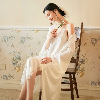 

Long Sleeve Robe WOMEN'S Suit Autumn Camisole Chest Pad Nightgown Imitated Silk Fabric Ice Silk Palace Style Clothing Piece Spri