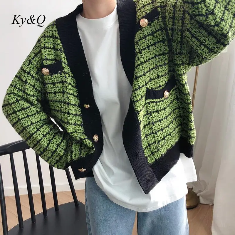 Brand Design 2020 New Women Plaid Fashion Knit Cardigan Loose Luxury Vintage Two Pockets Sweater Winter Chic Clothes Tops |