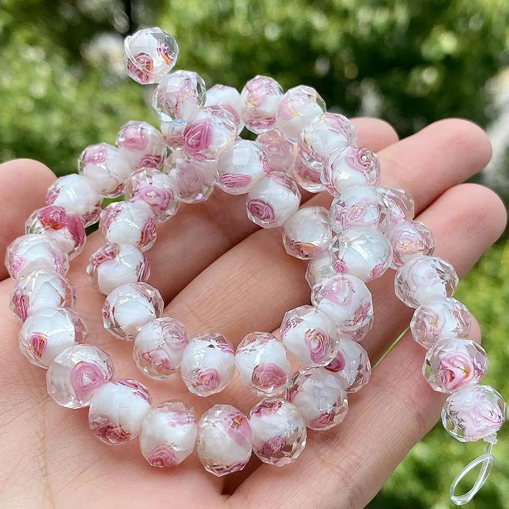 Wholesale Murano Transparent Faceted Rondelle Pink White Flower Lampwork Crystal Glass Beads for Jewelry Bracelet DIY Making