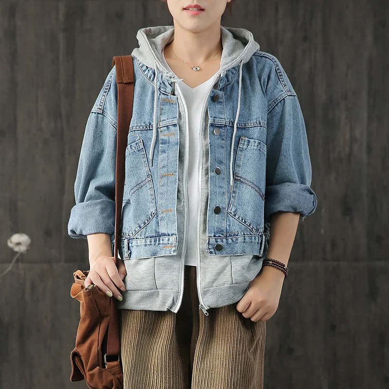 

[YaLee] New Fashion 2019 Autumn Large Size Long Sleeve Button Zipper Pockets Stitching Denim Jacket Loose Coat Woman N149