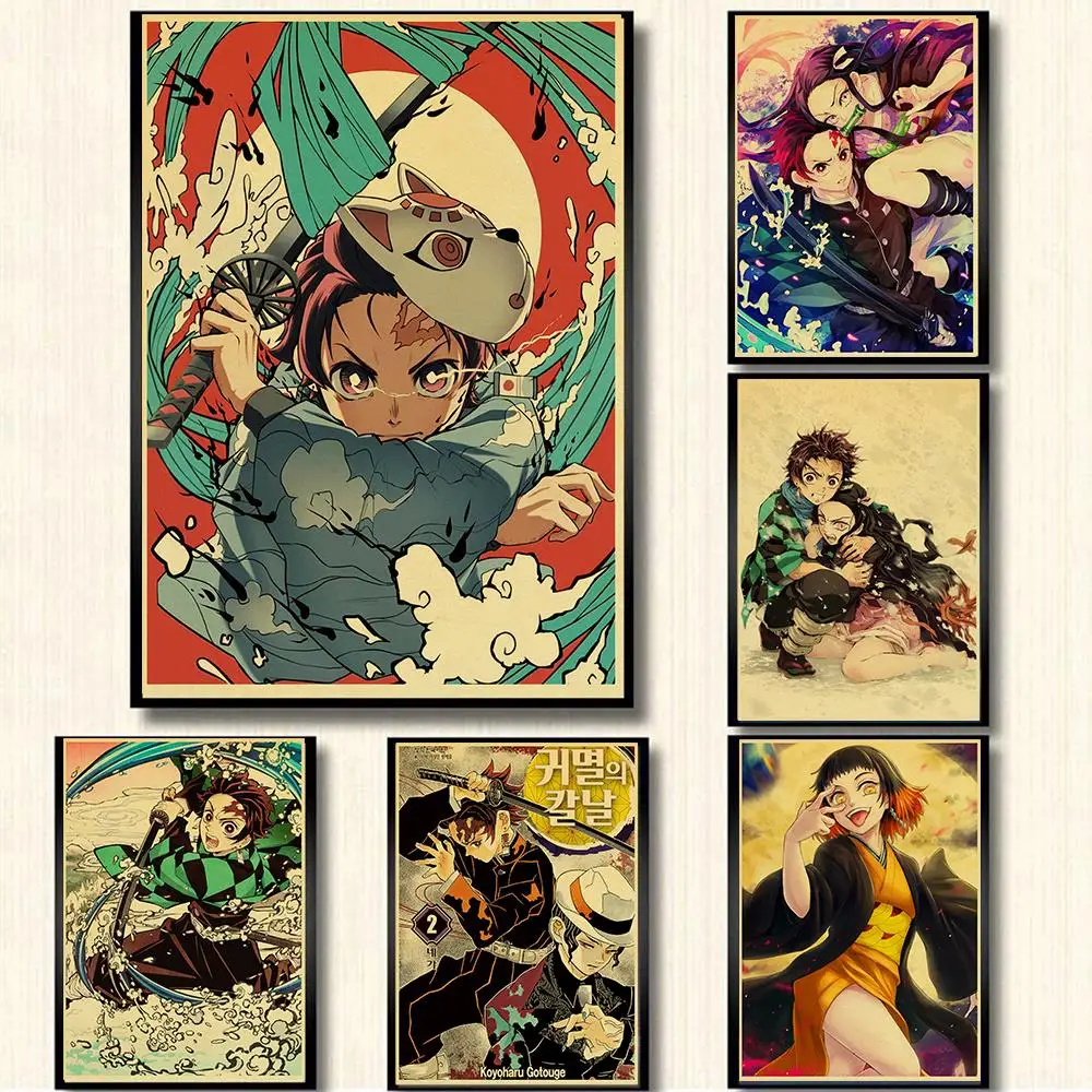 Vintage Poster Anime Demon Slayer Kimetsu no Yaiba Retro Poster kraft paper Printed For Kids Posters For Home Bar Room Decor