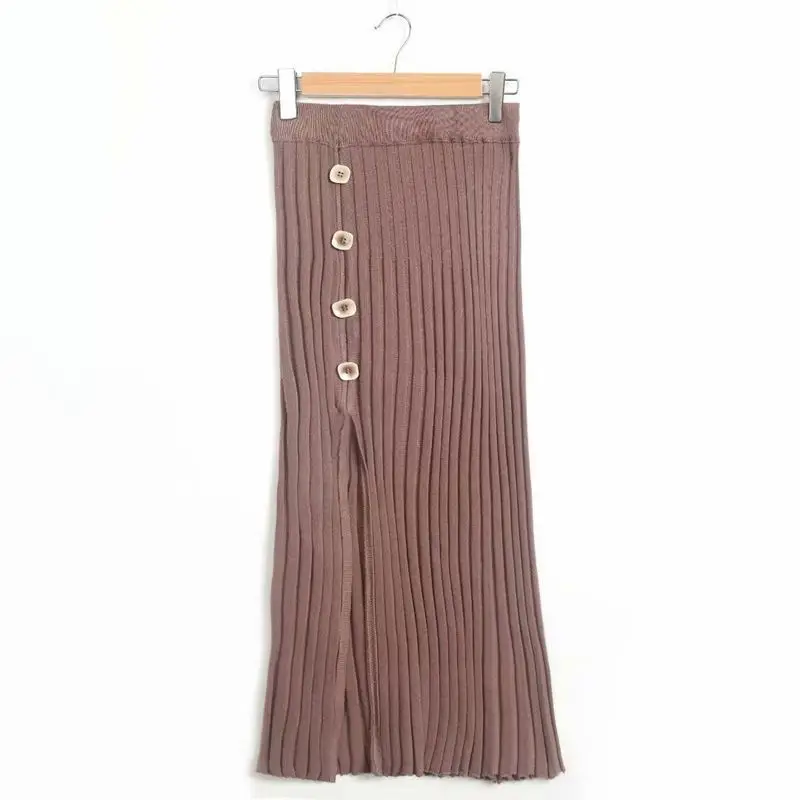 

2019 Fashion High-waisted Single Breasted Slit Skirt Solid Color Tight-Fit Knitted Skirt Long Skirts