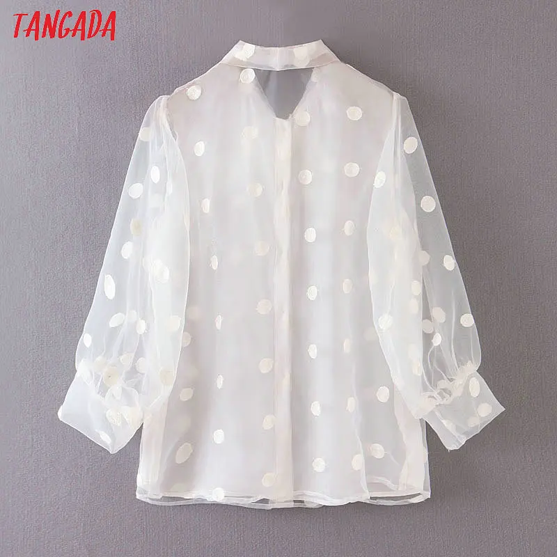 Tangada Женская шикарная белая сетчатая блузка в горошек модная женская рубашка с длинным рукавом стильные свободные топы blusas SL67