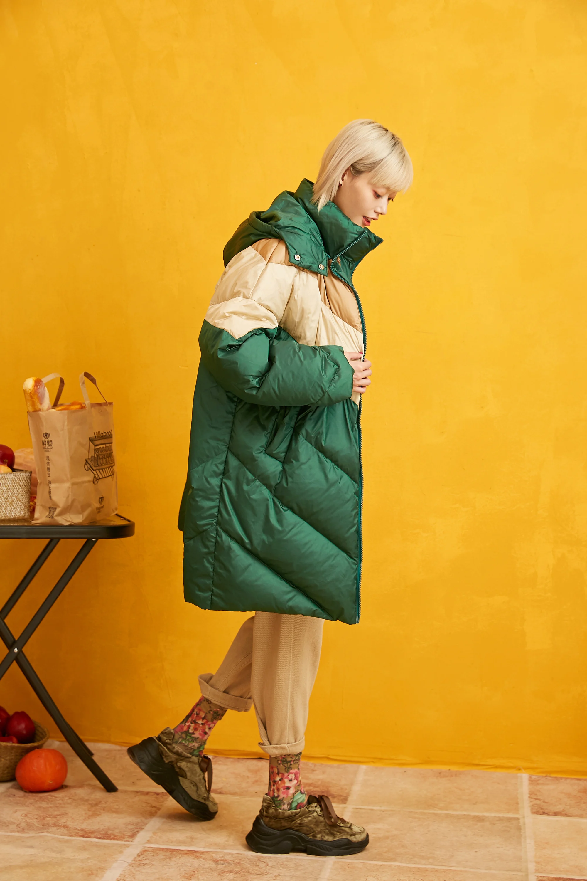 SAM'S TREE Green лоскутное теплое пуховое пальто с капюшоном для женщин Зима Новая модная повседневная Офисная Женская одежда оверсайз