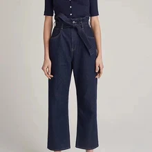 Женские брюки новые винтажные темно-синие Высокая талия с бантом с прямыми джинсами