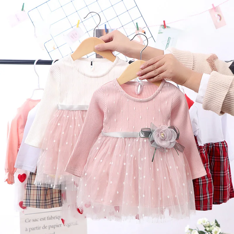 

Autumn Girls Round Neck Mesh Stitching Gauze Princess Flower Cute Sweet Long Sleeve Dress