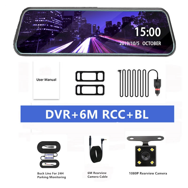 Beliewin 10 дюймов потоковое зеркало заднего вида Dash Cam FHD 1080P Авто регистратор видео регистратор с камерой заднего вида - Название цвета: DVR 6M-RCC BL