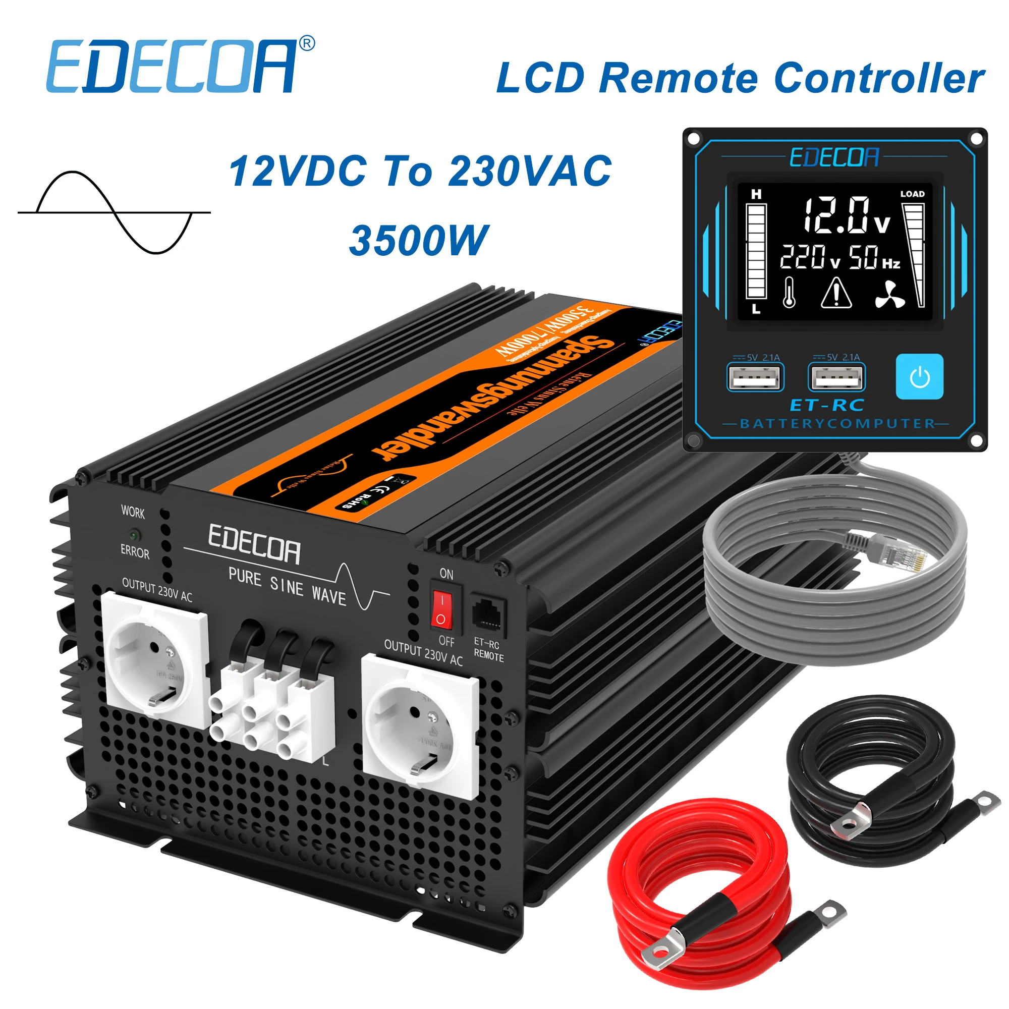 EDECOA 3500W DC 12V to AC 220V 230V pure sine wave power inverter с ЖК-пультом дистанционного управления USB для