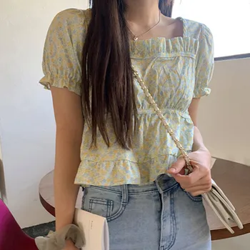 

ZCWXM 2020 Spring Floral Women Tops and Blouses Short Sleeve Short Vintage Korean Summer Shirts Sweet Elegant Kawaii Blusas