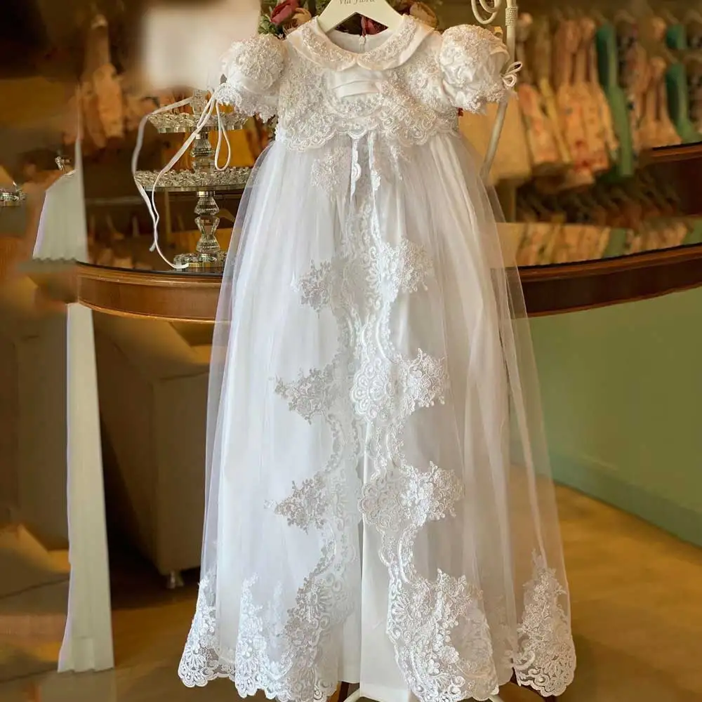 Новое поступление Детские Платья для церемонии причастия Совок Vestido Comunion детское платье кружевное платье с вышивкой цвета слоновой кости с длинными Платье для девочек с цветочным узором