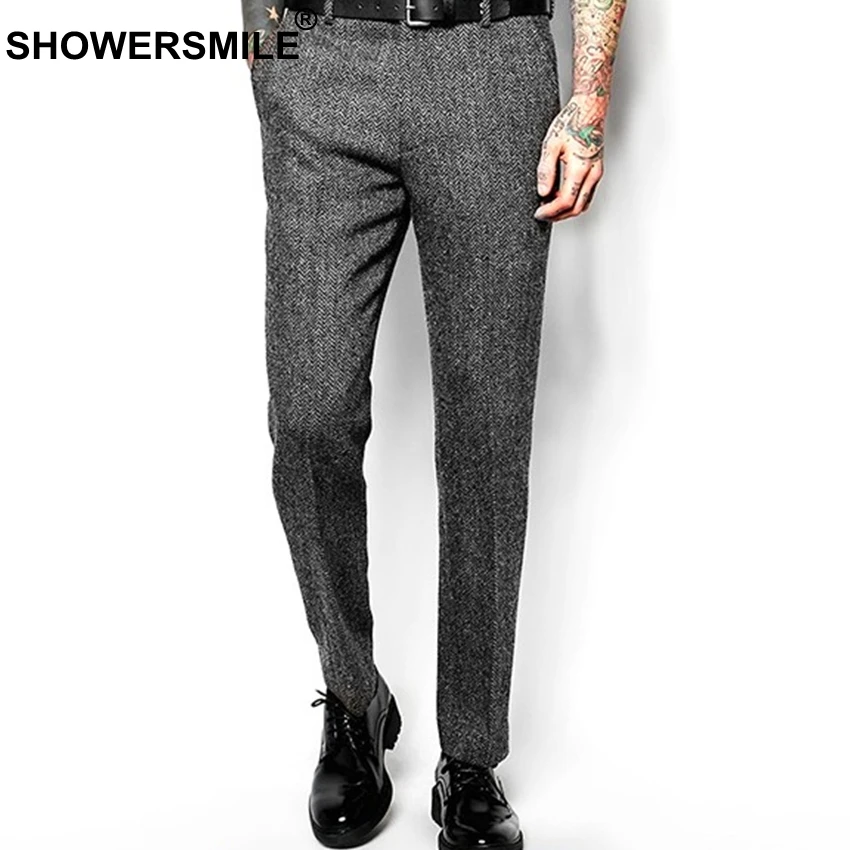 SHOWERSMILE, мужские ретро брюки, шерстяные брюки, мужские деловые серые с узором в елочку, облегающие брюки, твидовая шерстяная одежда, английский стиль