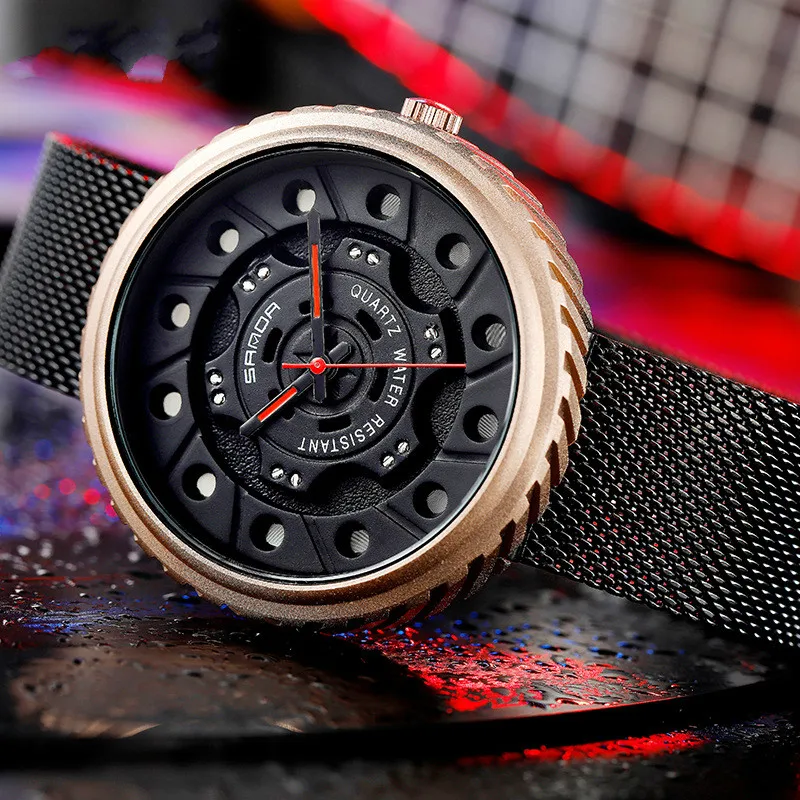 

New Men's Watch Mesh Belt Business Hollow Large Dial Fashion Personality Trend Quartz Watches