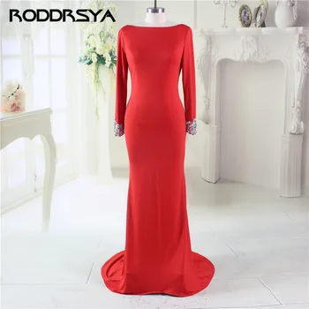 

Elegant Red Backless Mermaid Evening Dresses Long Sleeve Beads Crystals robe de soiree sukienka wieczorowa Stretch Formal Gowns