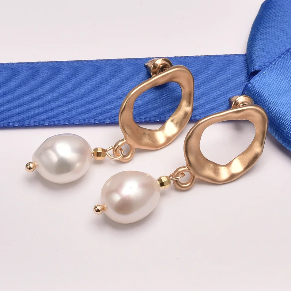 Fashion Statement Earrings Women Jewelry 14K Gold Plated 10-11mm Natural Baroque Freshwater Pearl Drop Earrings Wholesale FEIGE