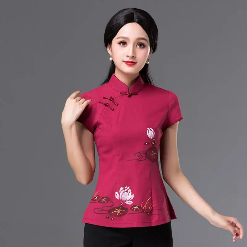 Хлопковая льняная тонкая приталенная винтажная китайская рубашка Cheongsam с пуговицами в виде лягушки, женская летняя Этническая футболка с коротким рукавом