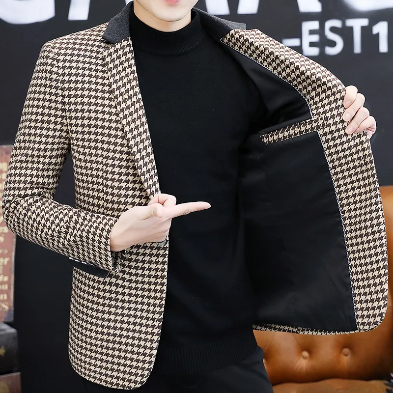 

Korean Casual Blazer Men Black White Plaid Slim Fit Suit Jackets High Quality One Button Four Seasons Business Mens Blazers