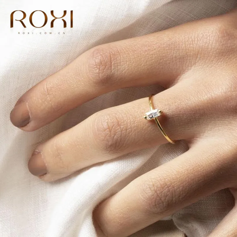 

ROXI 925 Sterling Silver Ring Wedding Engagement Gift Rectangle Zirconia Crystal Finger Rings for Women Jewelry Thin Couple Ring