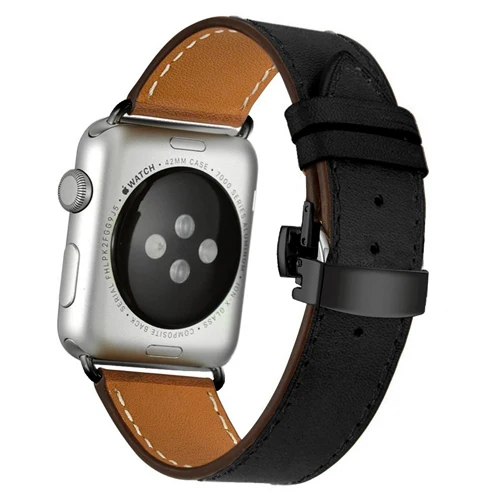 Кожаный ремешок для Apple watch band 4 44 мм 40 мм correa iwatch 5 4 3 2 ремешок 42 мм 38 мм Пряжка бабочка Apple watch 4 аксессуары - Цвет ремешка: Black buckle