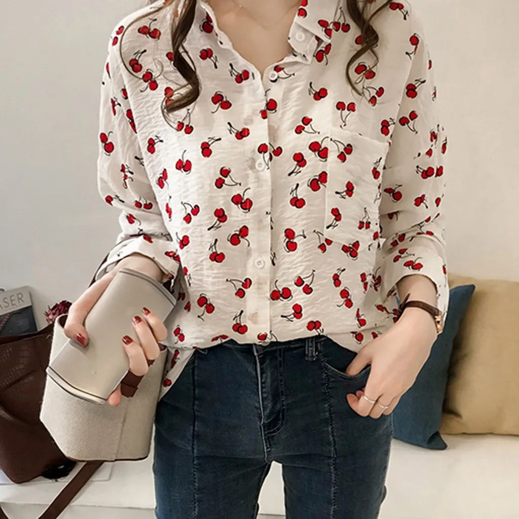 

2020 New Style Tops Ladies Fashion Women's Tops Retro Cherry Print Long Sleeve Lapel Casual Shirt Blouse