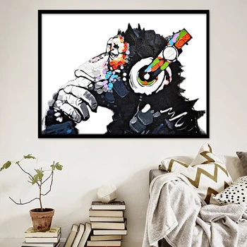 

Headphone Music Monkey Abstract Canvas Painting Posters Prints Quadros Wall Art Animal Picture For Living Room Decor Cuadros