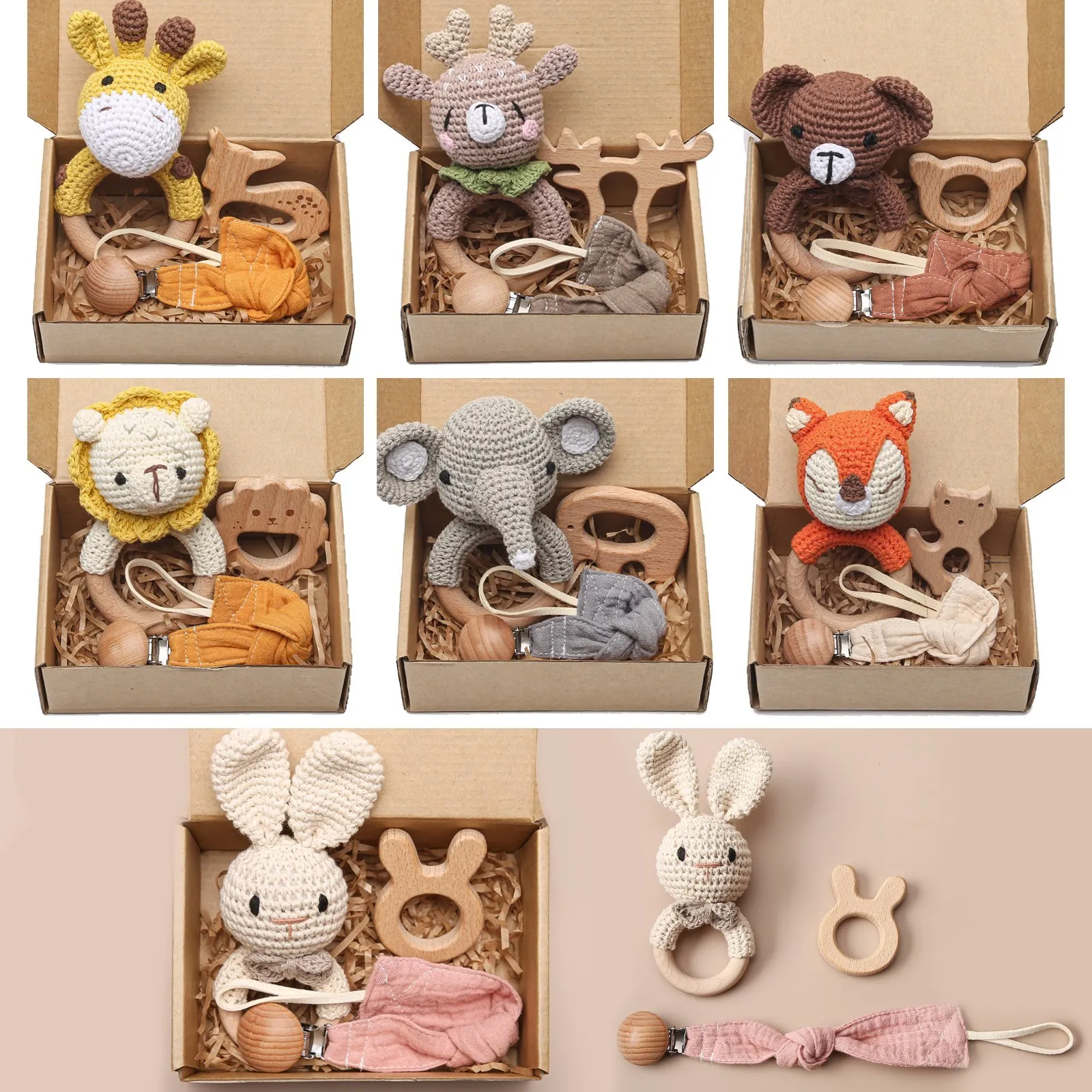 3PCS Crochet Animal Rattles Baby Teether Rattles Set
