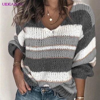 

UIDEAZONE Striped Thick Sweater Female V-Neck Long Sleeve Pullover Knitted Sweater 2019 Casual Winter Tops For Woman Ropa Mujer