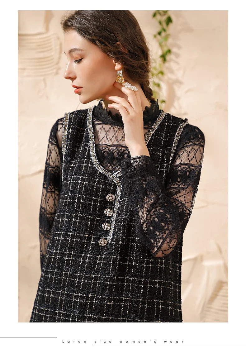 L~ 4XL 5XL женское кружевное твидовое платье из 2 частей, комплект с длинным рукавом, кружевные топы, зимняя одежда, клетчатое платье, Твинсет AOFULI A4127