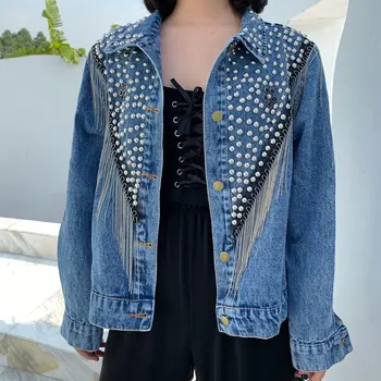 

2020 Women Autumn Hand-studded Rivet Tassel Chain Coat Woman's Loose Jacket Coat Fashion Streetwear Denim Jacket chaqueta mujer