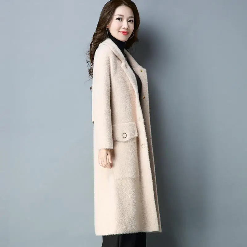 

2019 Autumn Winter Female Faux Mink Cashmere Sweater Cardigan Women Korean Coat Long Sleeve Knitted Long Thick Warm Sweater