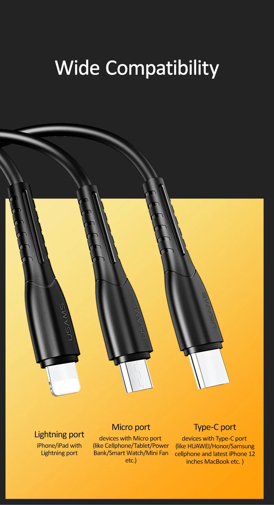 USAMS 3 в 1 USB кабель type C кабель для samsung s9 plus Micro usb кабель для зарядки для iPhone X 8 7 6s Plus 5 5S SE 5c C кабель
