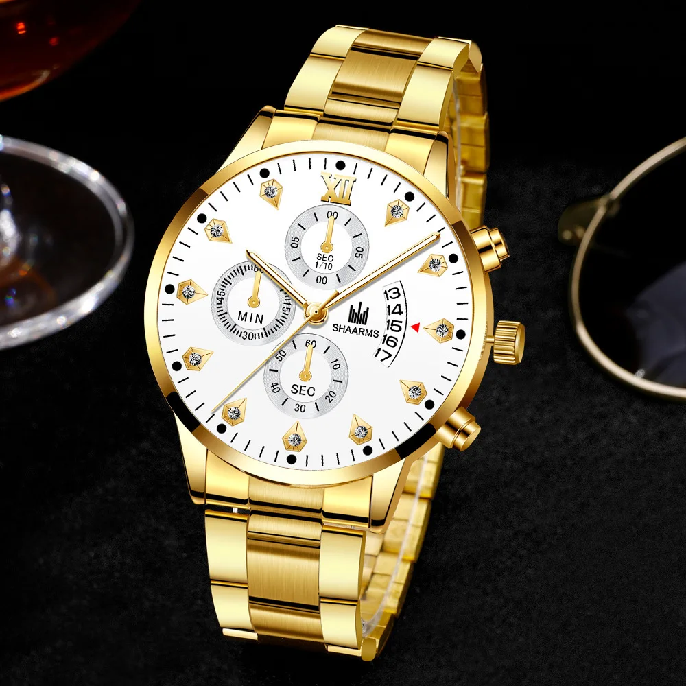 2021 Luxury Brand SHAARMS Alloy Strap Men's Watch Diamond Waterproof Quartz Watch for Men's Analog Three-eye Calendar Male Clock