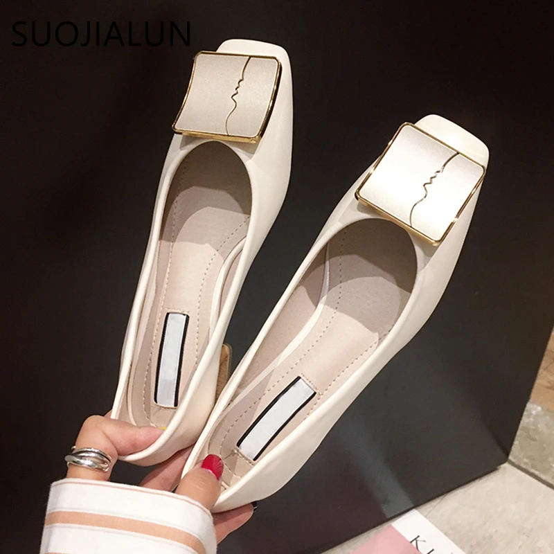 SUOJIALUN Luxury Women Spring Flat Shoes Square Toe Medium Heels Fashion Metal Boat Low Heels Shoes Women Dress Shoes