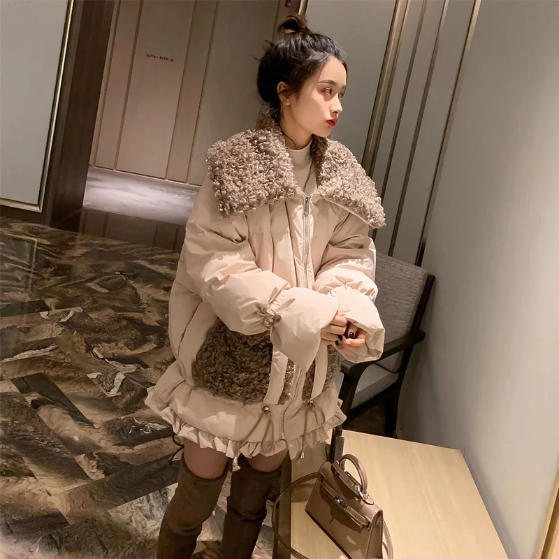 

Parkas women Korean autumn winter big lapel fight lamb wool Parkas clothing women drawstring waist waist small bread coat