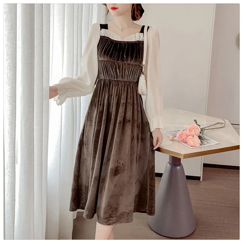 Stile Di Moda Coreano Primavera 2021 Primavera Autunno Donna Vestito Vintage Velluto Elegante Sottile Manica Lunga Abiti Femminile Bing