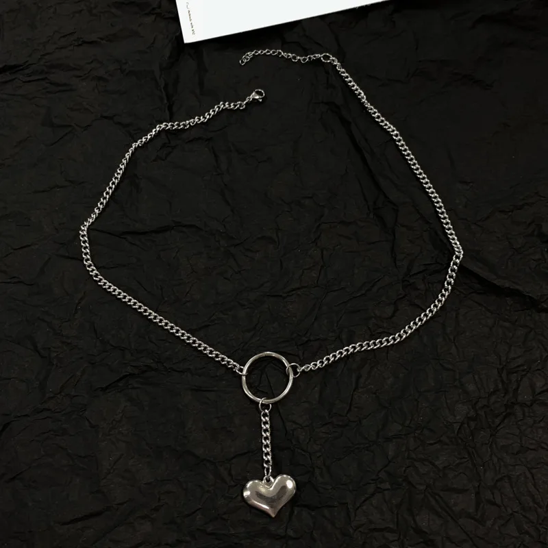 Японское и корейское винтажное ожерелье в стиле Харадзюку панк из нержавеющей стали в форме сердца, длинное ожерелье в стиле хип-хоп, ювелирные изделия для девочек