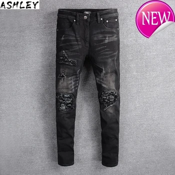

bandanna Men's black paisley printed patchwork biker jeans Slim skinny pleated stretch denim ripped pants