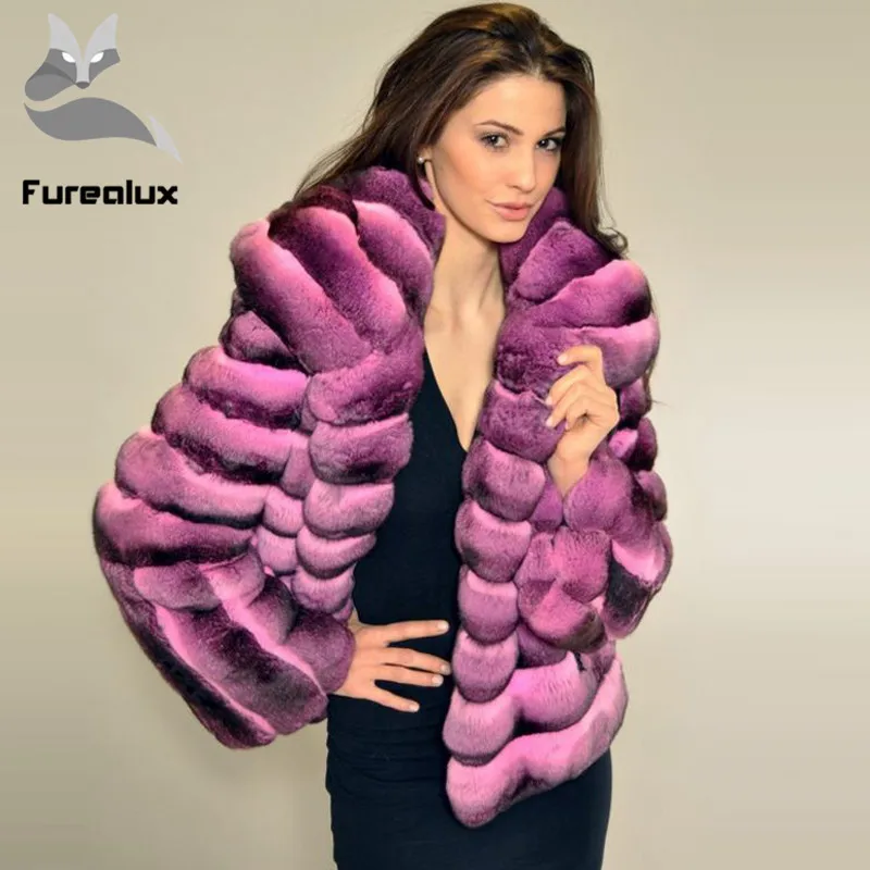 Новинка, полосатая шуба из кролика Рекс, натуральная цветная верхняя одежда, натуральный мех, пальто, куртка, толстое теплое пальто из Шиншиллы средней длины