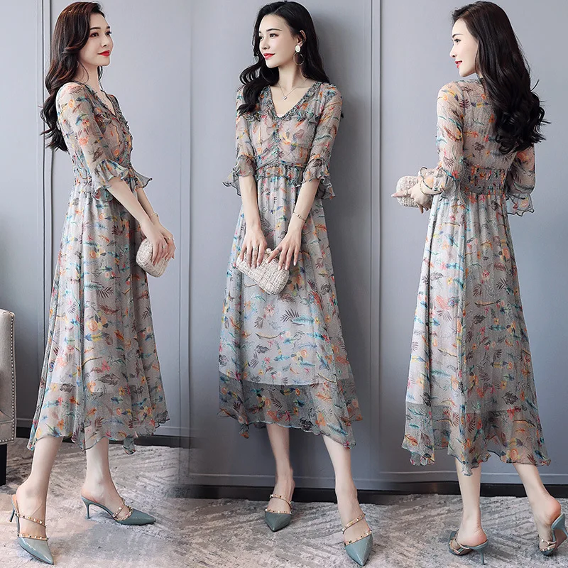 

2019 New Style Chiffon Floral-Print Hipster V-neck Elegant Short Sleeve Immortal Dress Women's Bohemian Beach Skirt