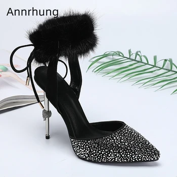 

Jeweled Crystal Pointed Toe Party Shoes Woman Metal Skull Heel Rabbit-hair Ankle Wrap Back Lace-up Rhinestone Sandals Women