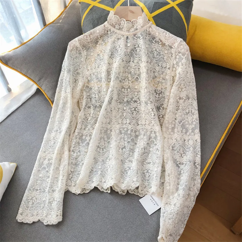 

Elegant Lace Blouse Autumn Korean Clothes Womens Tops And Blouse Embroidery Hollow Out Shirt High Neck Undershirt Blusa Feminina