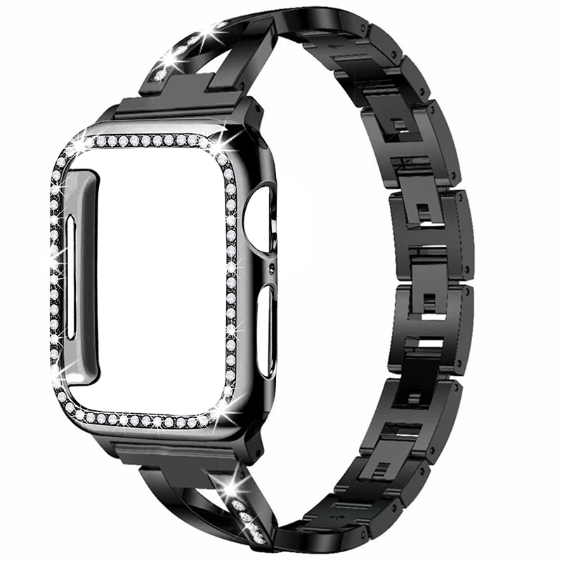 Ремешок+ чехол для apple watch 5 4 3 2 1 браслет из нержавеющей стали с кристаллами и бриллиантами 38 мм 40 мм 42 мм 44 мм iwatch металлический ремешок - Цвет ремешка: Black