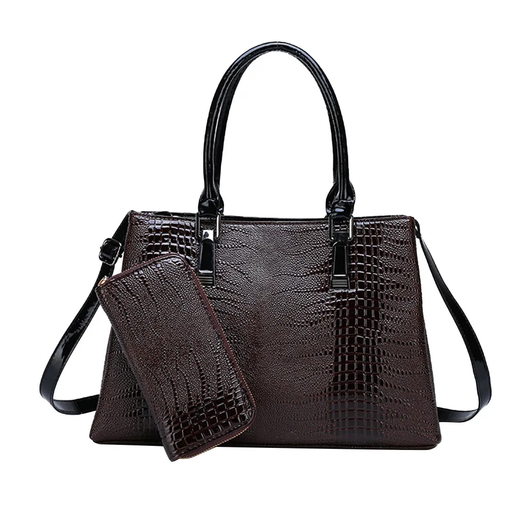 Aelicy, роскошная брендовая крокодиловая женская сумка, черная, красная, лакированная кожа, женские сумки, набор, Большая вместительная сумка на плечо, сумки-тоут+ кошелек - Цвет: Коричневый