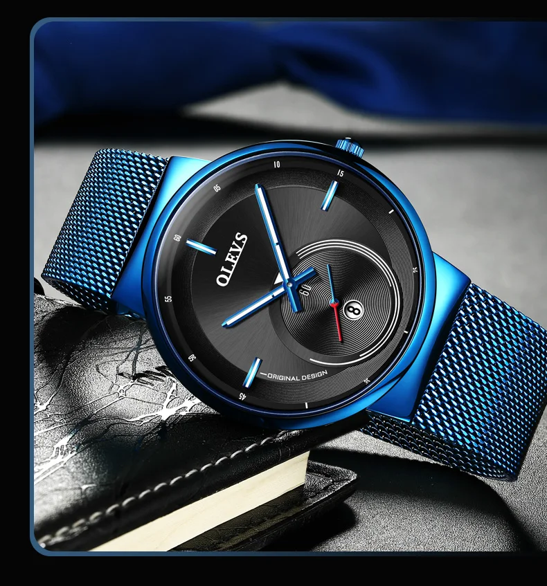 NEW OLEVS Watch Men Luxury Quartz Date Blue Dial Thin Top Brand Watches Sports Chronograph Mesh Belt Wrist Watch Man Clock