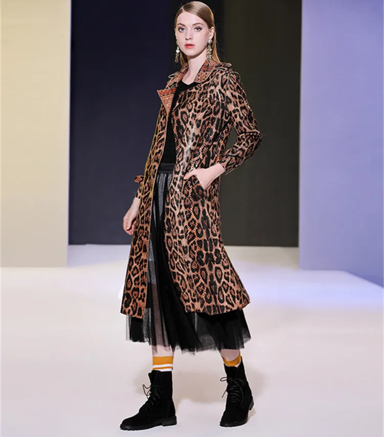

Fashion women's leopard trench coat 2019 autumn winter women belt overcoat A918