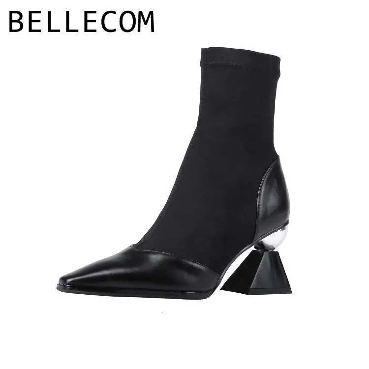 

BELLECOM Suede Fine-heeled Mid-boot Tip High-heeled Women's winter high heel sock Boots for women zapatillas woman ladies shoes