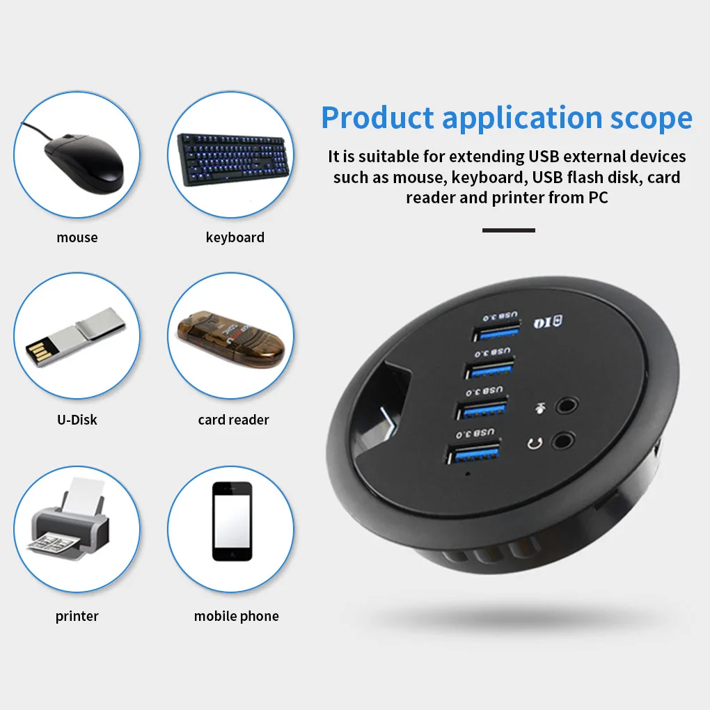 Table Grommet USB Hub Office Desktop Cable Hole Mounted USB Extender Adapter with Headphone Microphone Port EU Plug