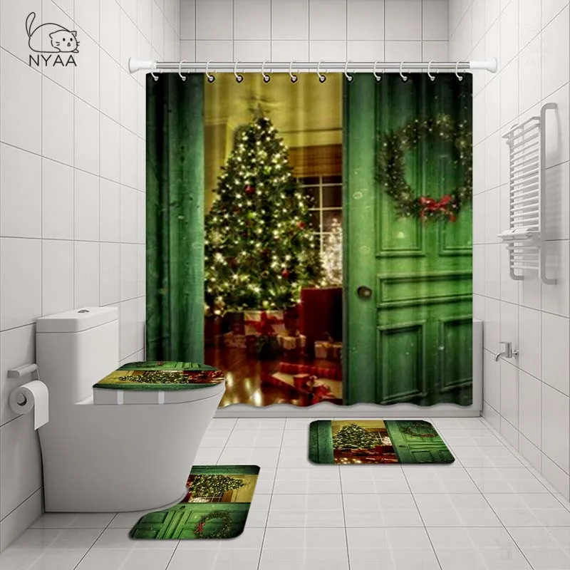 NYAA 4 шт. Рождественская елка и подарки душевая занавеска стойка для тряпок крышка унитаза коврик набор ковриков для ванной для декора ванной комнаты