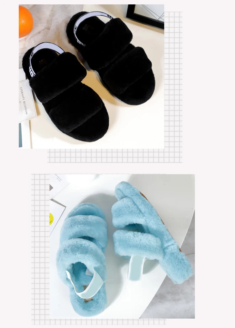 2021 Factory Price Comfort Fluffy Slippers Flat Plush Faux Fur Open Toe Pantuflas Mujer Faux Fur Slippers