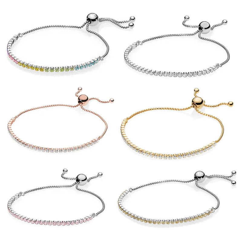

1:1 Original Bead Linked Chain Jewelry 925 Sterling Silver Pink Yellow Rainbow Pans Sparkling Strand Bracelet for Women Gift